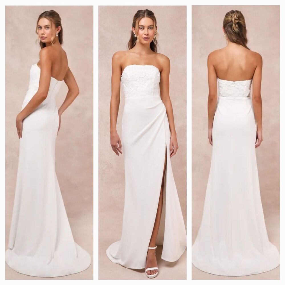 New LULUS (L) Refined Glow White 3D Embroidered Sequin Strapless Maxi Wed Dress